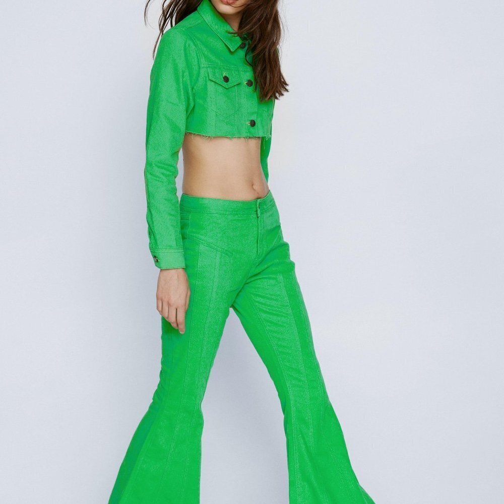 Nasty Gal Green Flare Bell Bottom Denim Jeans NWT